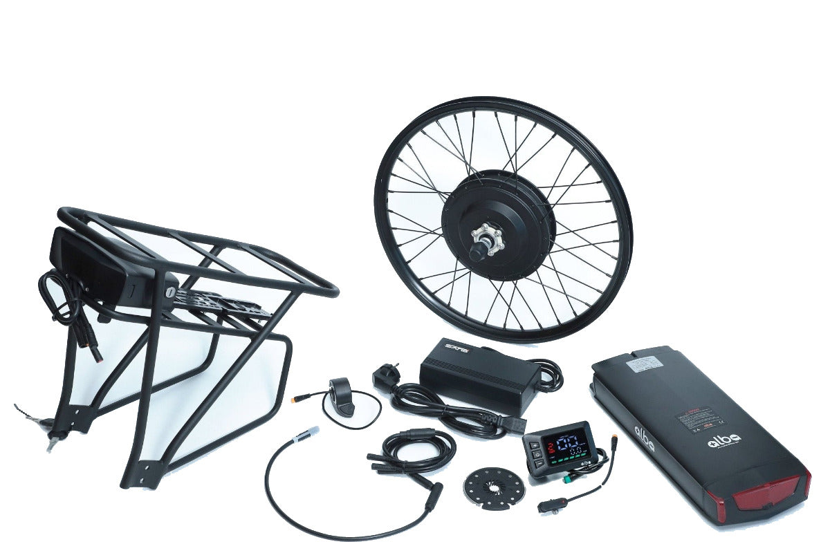 Alba 500RHF dönüşüm kiti içeriği: bagaj tipi bataryalı arka taşıyıcı, 500W motorlu arka jant, NFC LCD gösterge, el gazı, şarj aleti ve kablolar